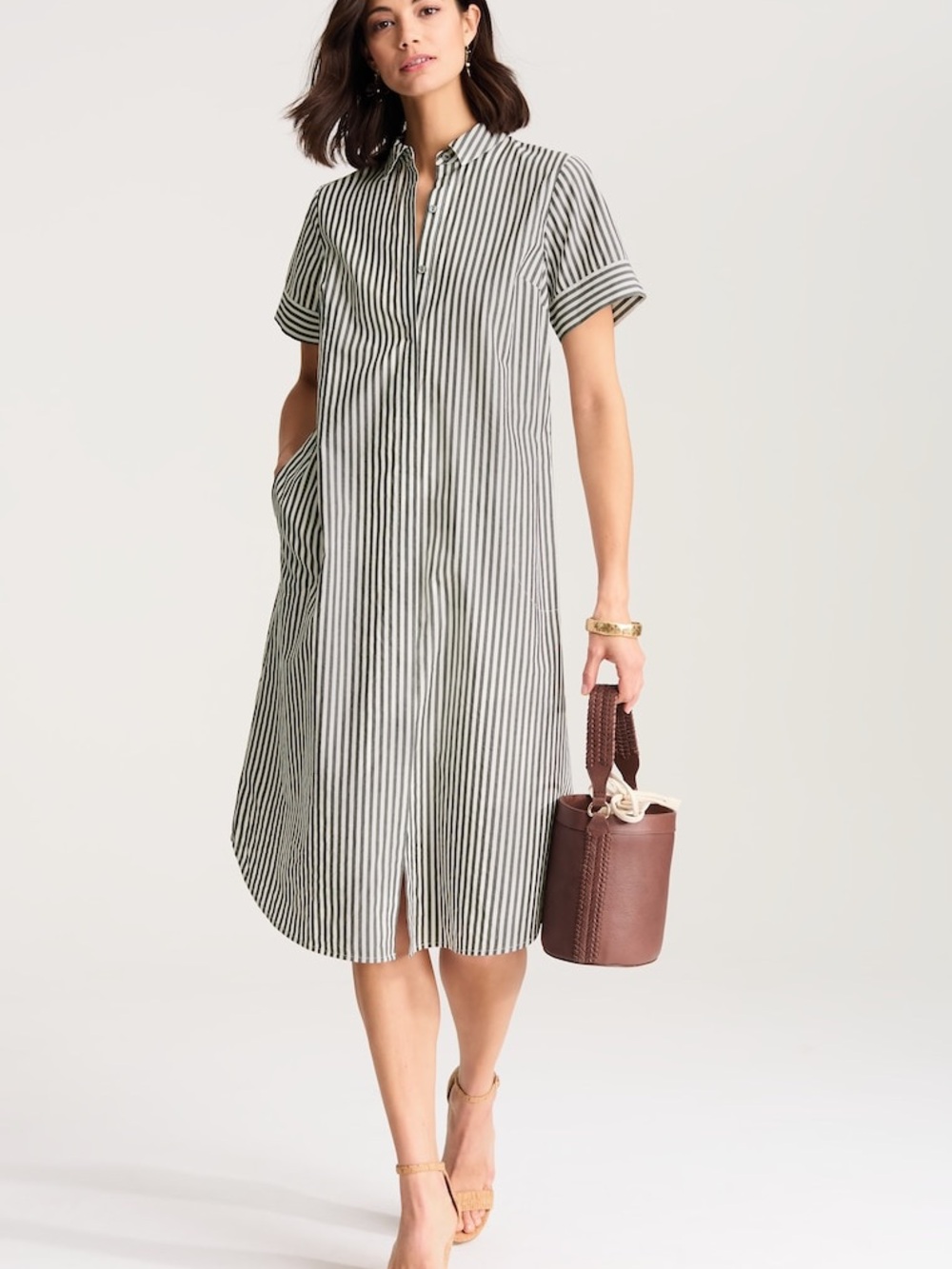 J. Jill Black and White Vertical Stripe Midi Shirt Dress